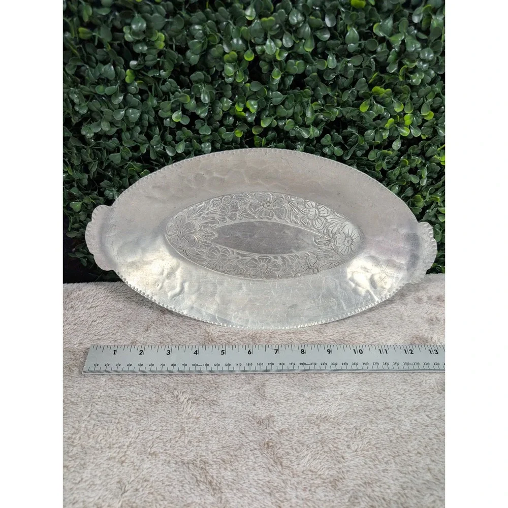 Vintage‎ EMPC Forged Aluminum Intaglio Floral Oval Serving Tray Platter